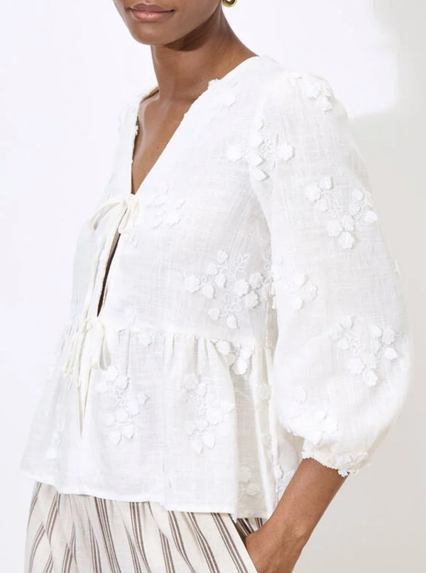 Floral Embroidered Tie Front Top