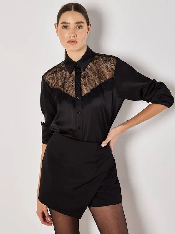 Lace Insert Satin Shirt