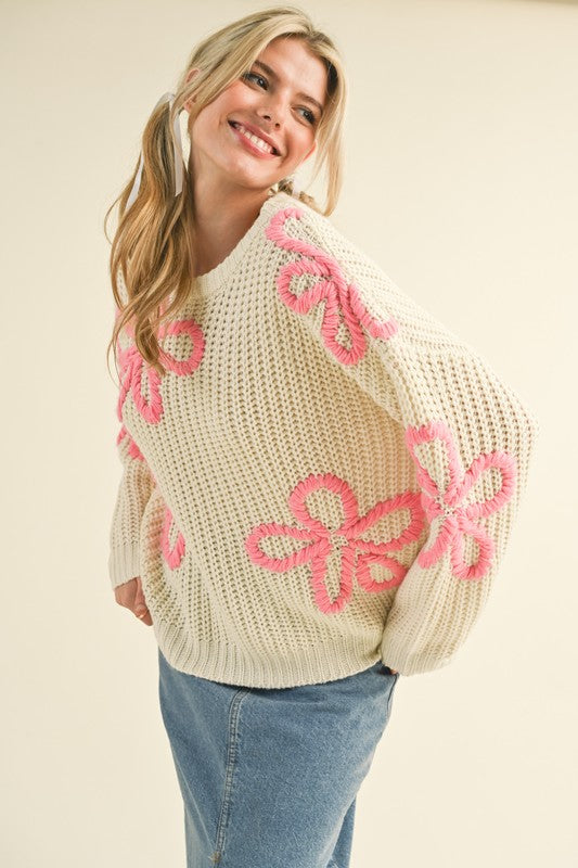 Floral Contrast Stitch Sweater