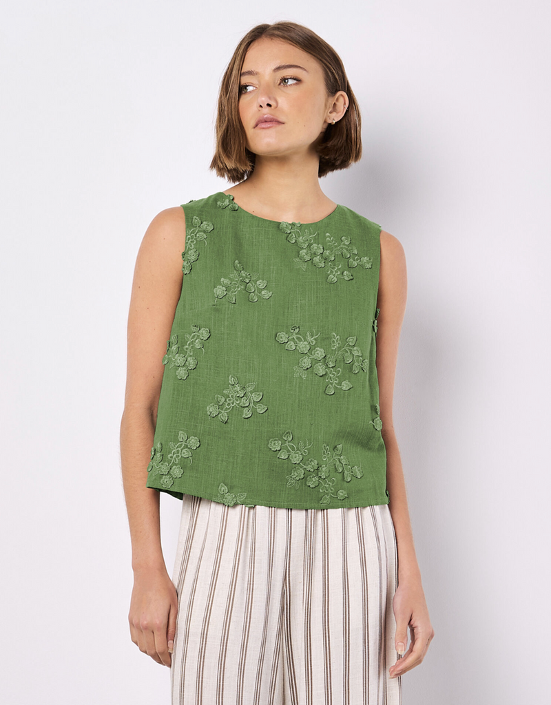 3D Floral Linen Top-Green
