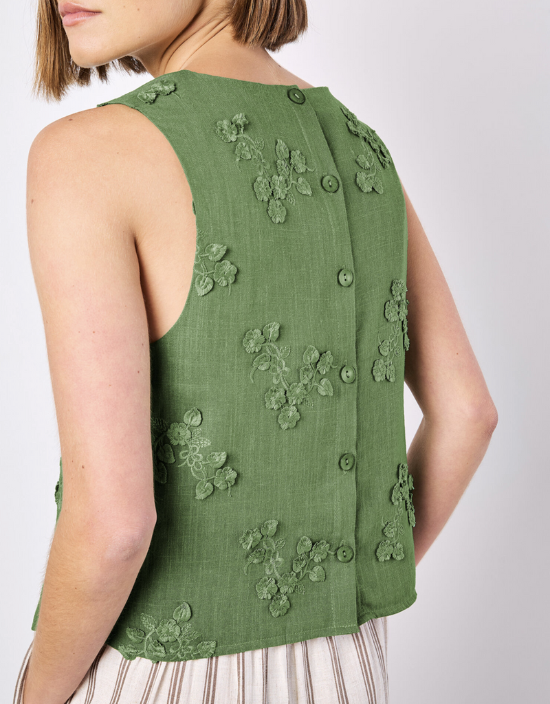 3D Floral Linen Top-Green