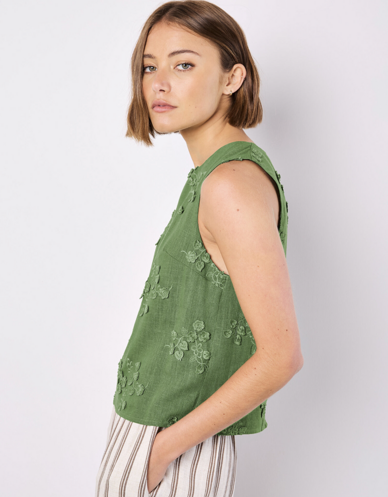 3D Floral Linen Top-Green