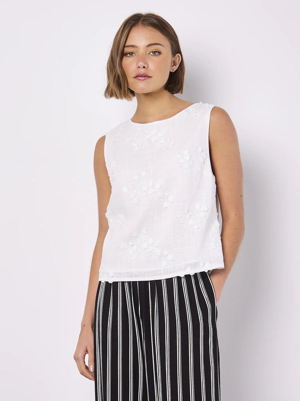 3D Floral Linen Tank-White