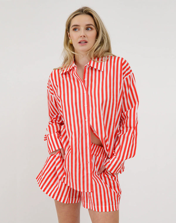 Poplin Button Up-Red Stripe
