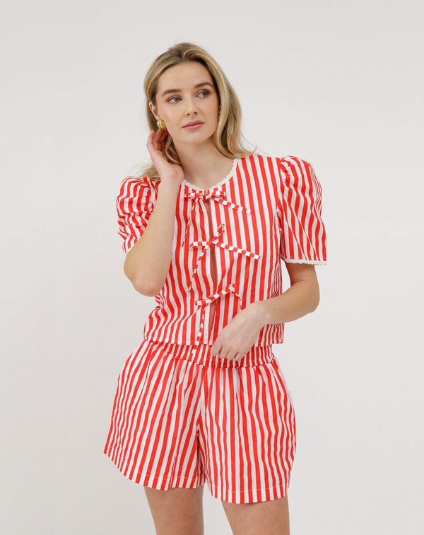 Poplin Tie Up Top-Red Stripe
