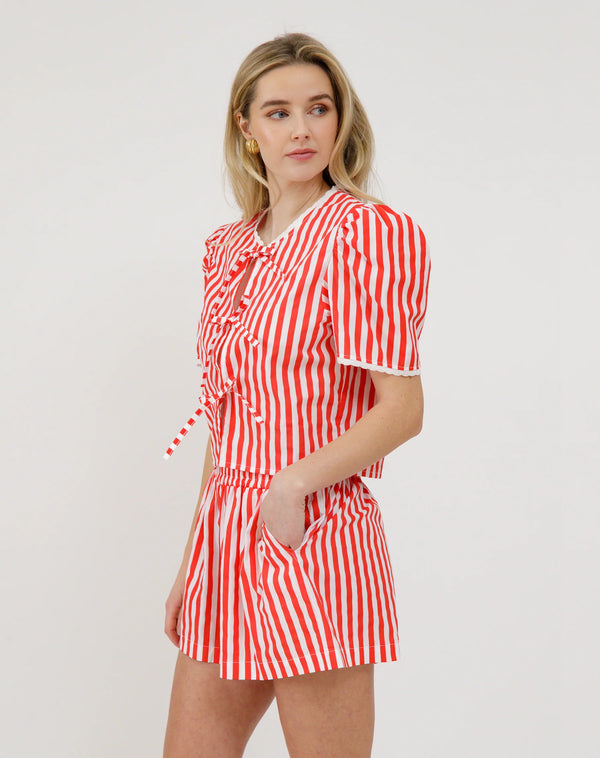 Poplin Tie Up Top-Red Stripe