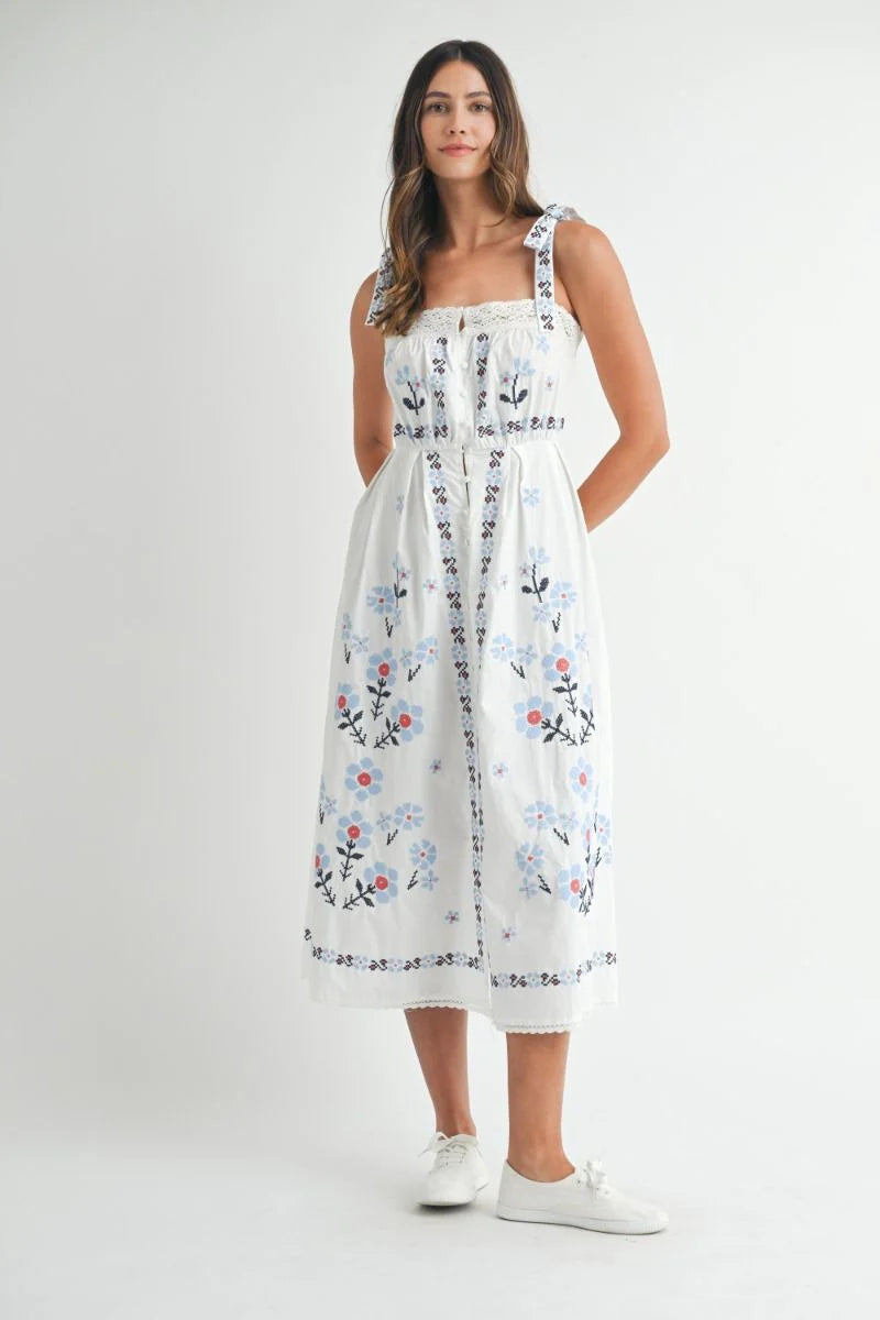 Embroidered Shoulder Strap Midi Dress