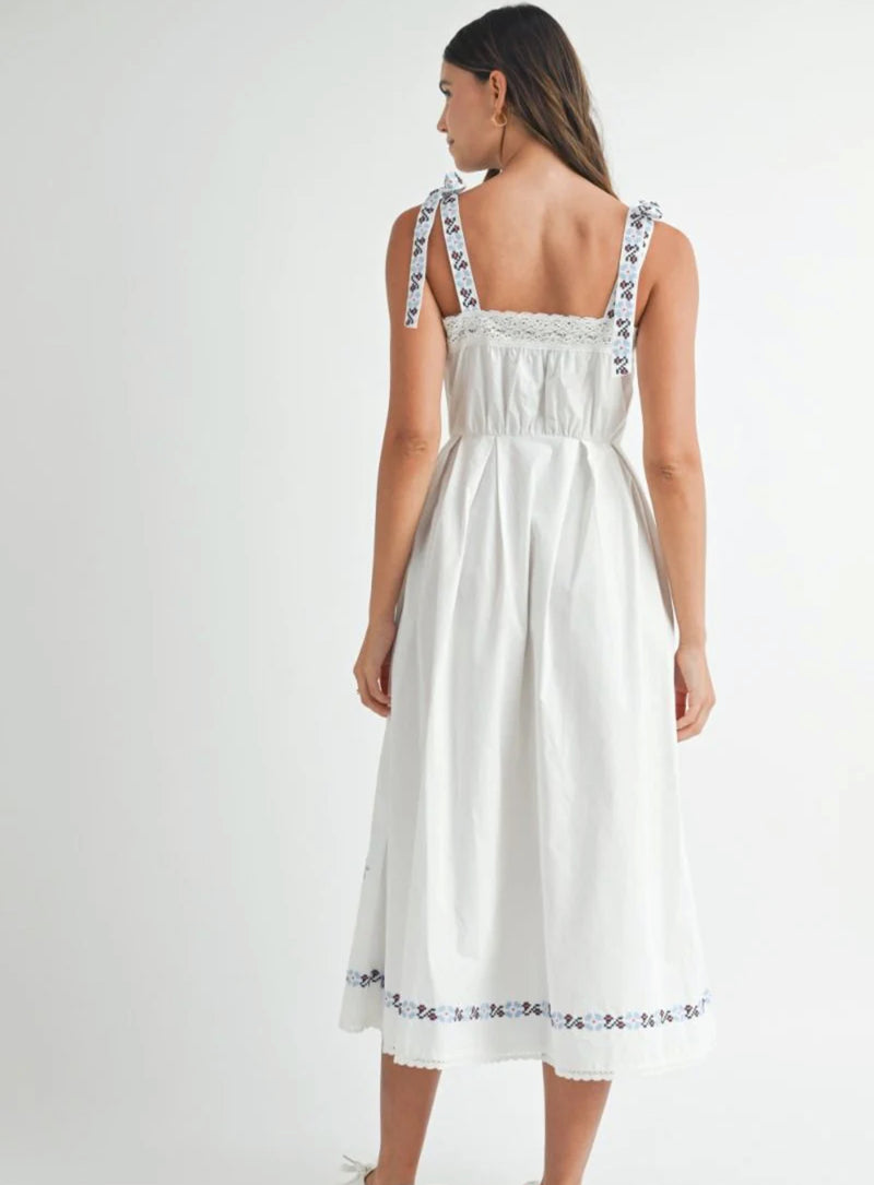 Embroidered Shoulder Strap Midi Dress