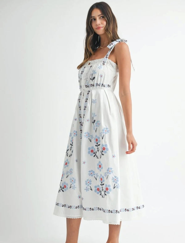 Embroidered Shoulder Strap Midi Dress