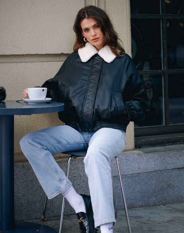 Faux Leather Bomber W/Shearling